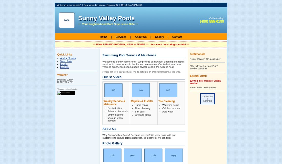 Outdated early-2010s pool company website concept